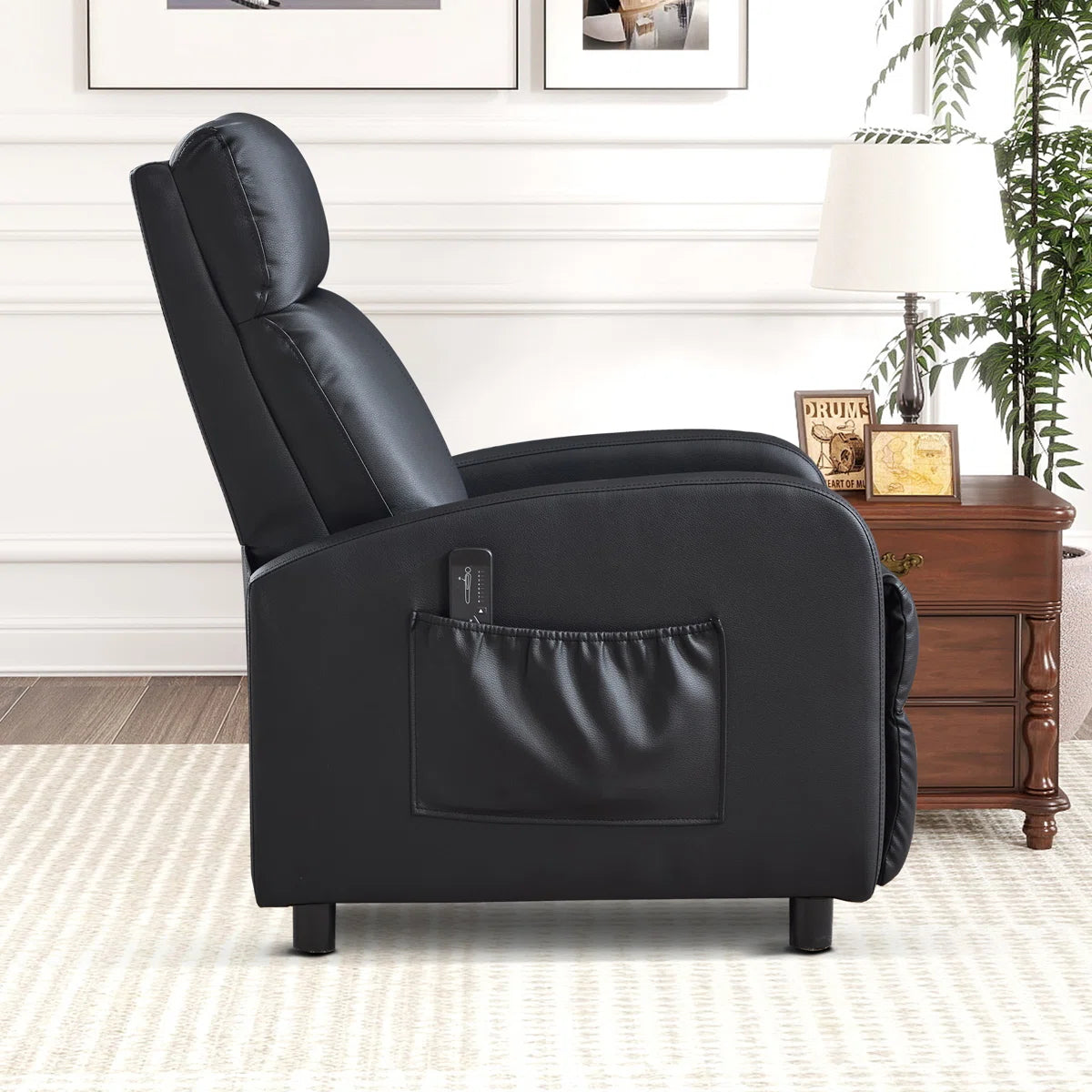 Evie Black Faux Leather Manual Recliner with Massage Function