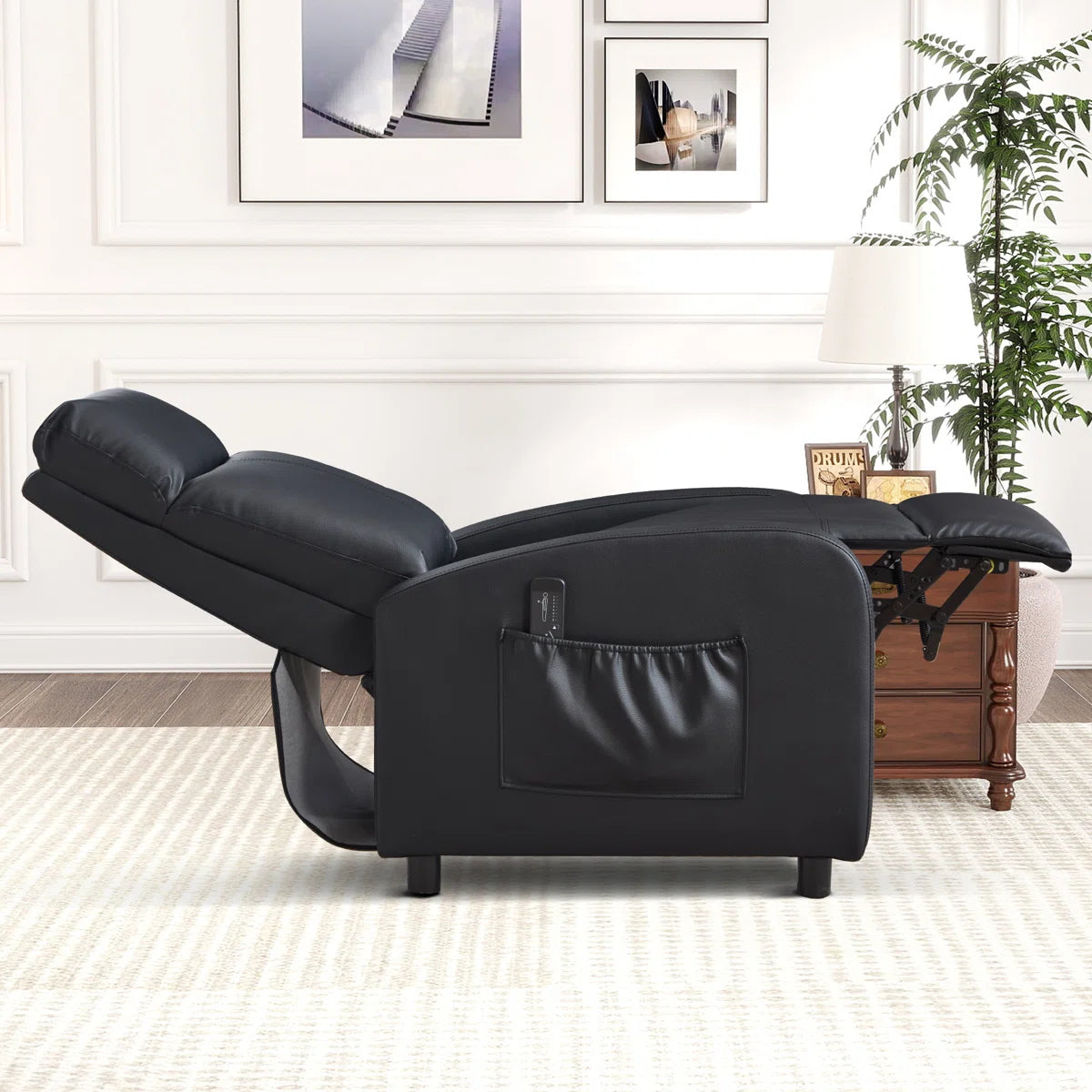 Evie Black Faux Leather Manual Recliner with Massage Function