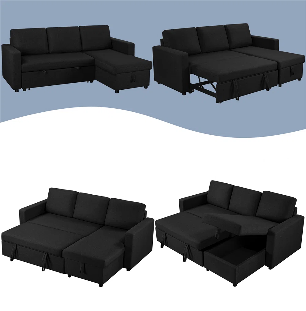 Gillian 3 Seat Black Upholstered Reversible Storage Chaise Sofa Bed