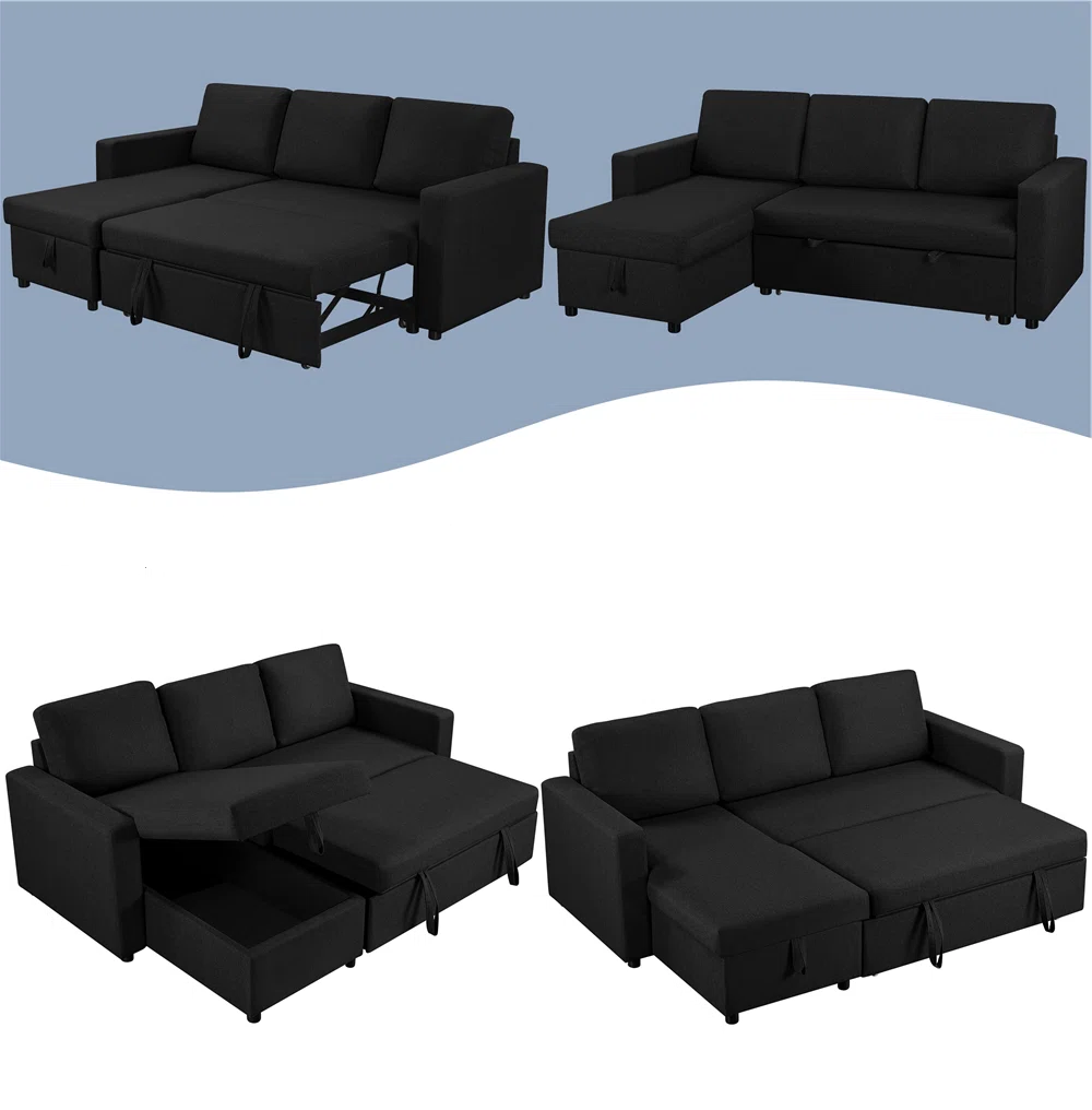 Gillian 3 Seat Black Upholstered Reversible Storage Chaise Sofa Bed