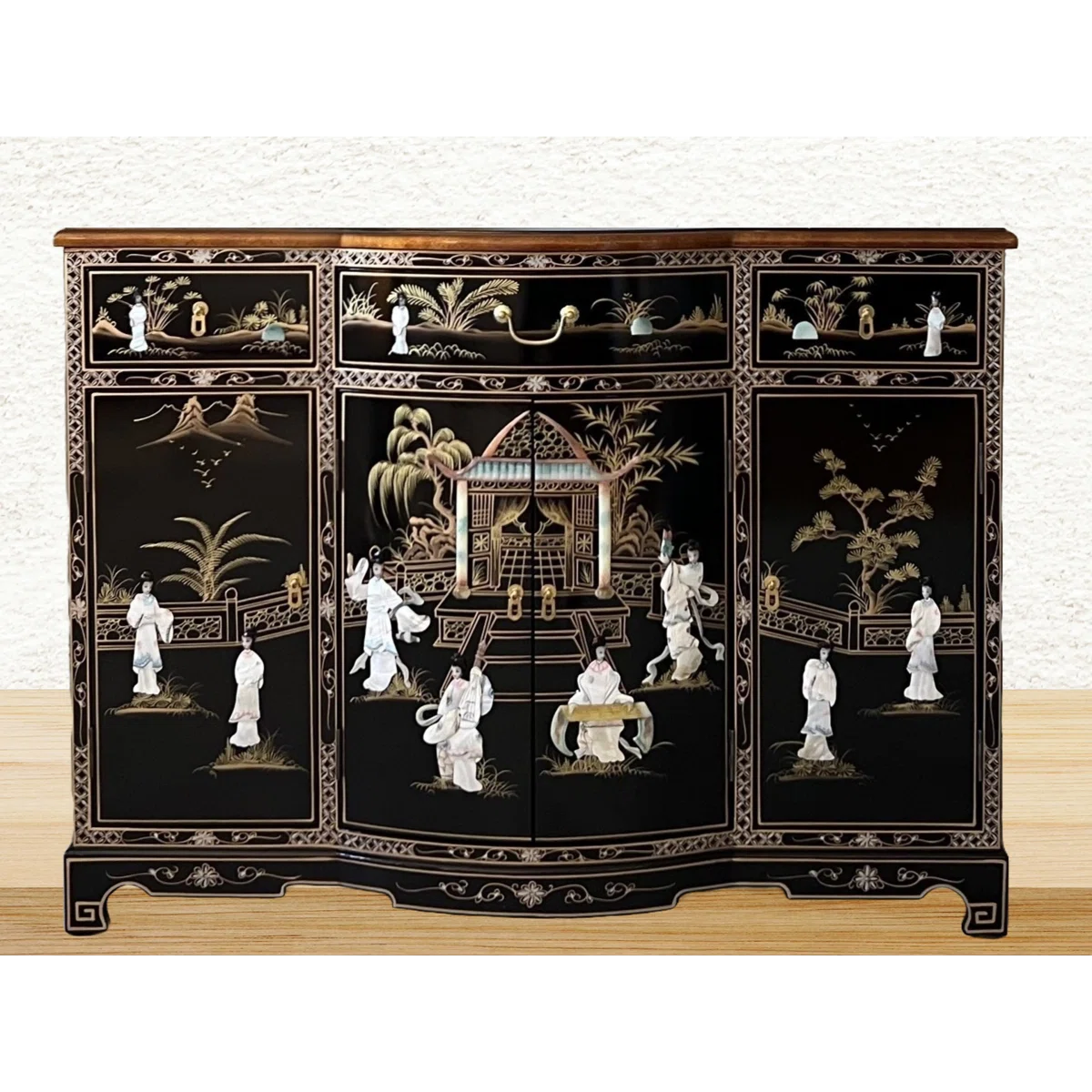 Oriental Mother of Pearl Black Bow Front 5 Door Sideboard