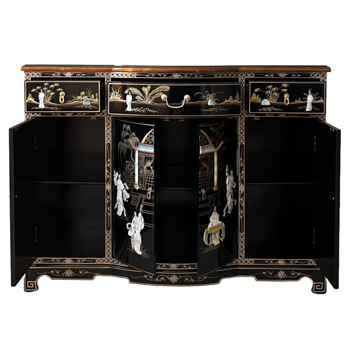 Oriental Mother of Pearl Black Bow Front 5 Door Sideboard
