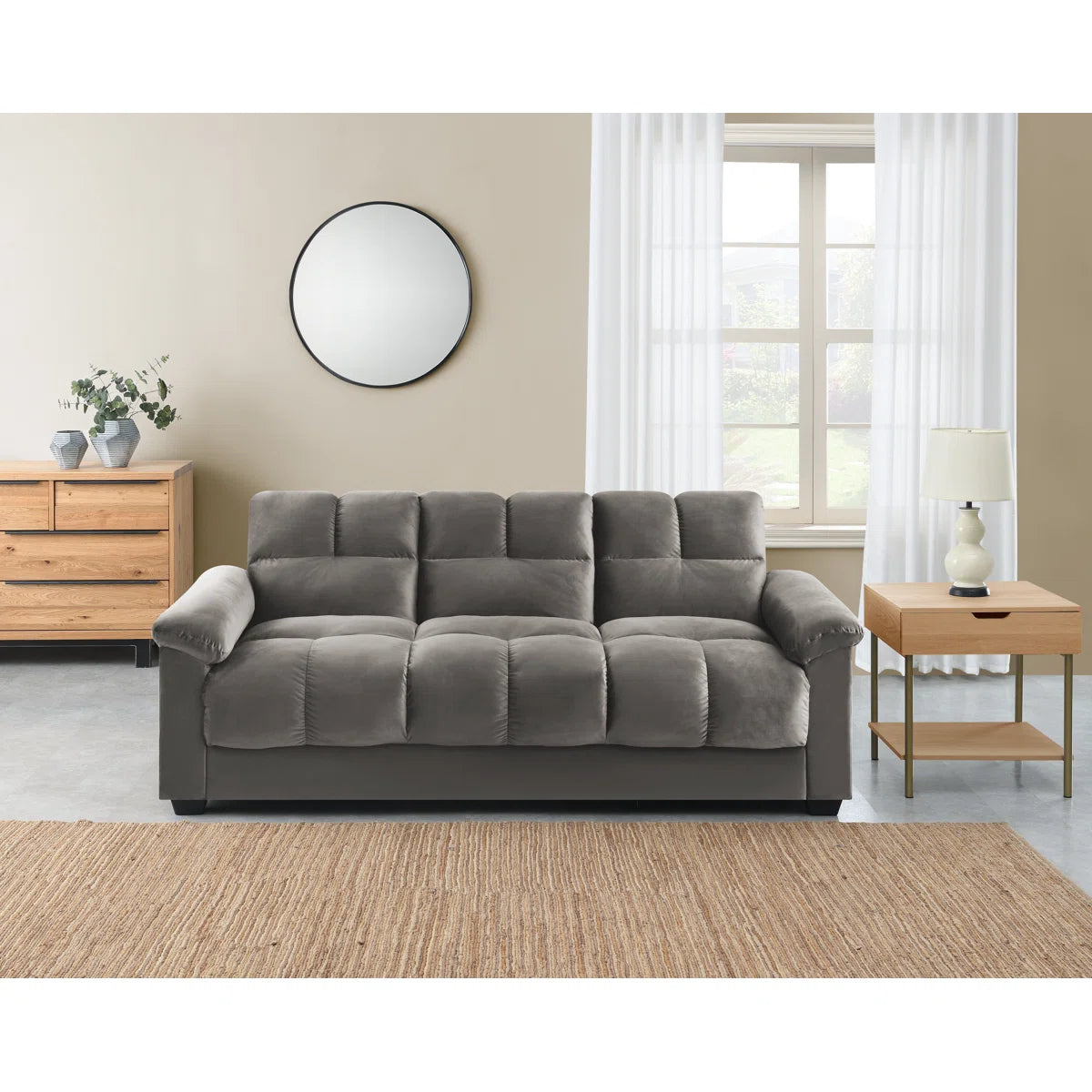Philips 3 Seater Grey Plush Velvet Storage Clic Clac Sofa Bed with Cup Holders
