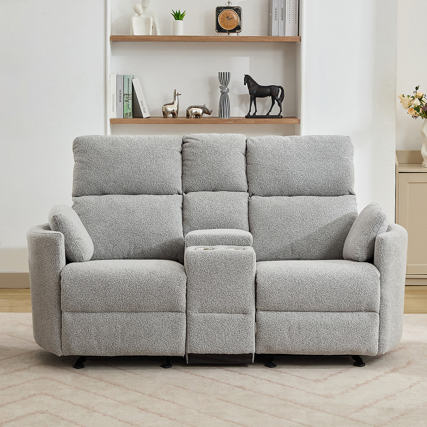 Sandra 2 Seat Light Grey Boucle Manual Rocker Recliner with Centre Storage Console
