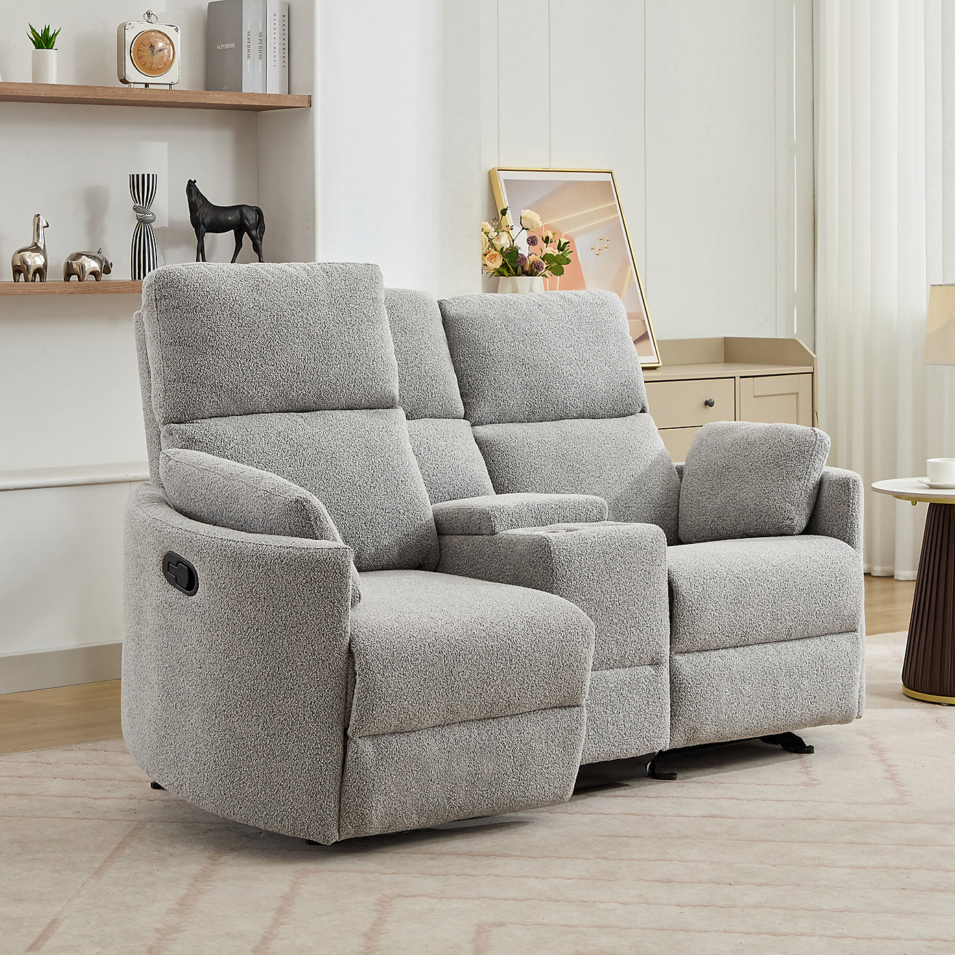 Sandra 2 Seat Light Grey Boucle Manual Rocker Recliner with Centre Storage Console