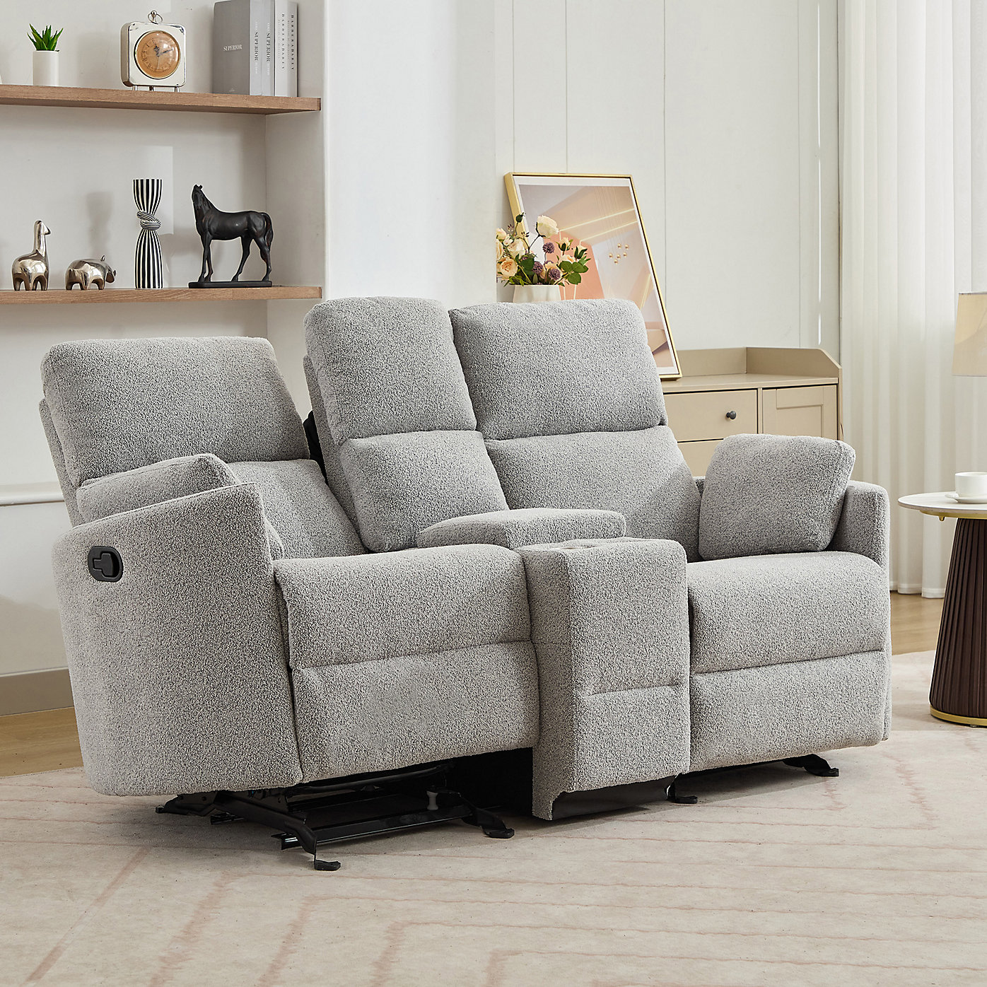 Sandra 2 Seat Light Grey Boucle Manual Rocker Recliner with Centre Storage Console
