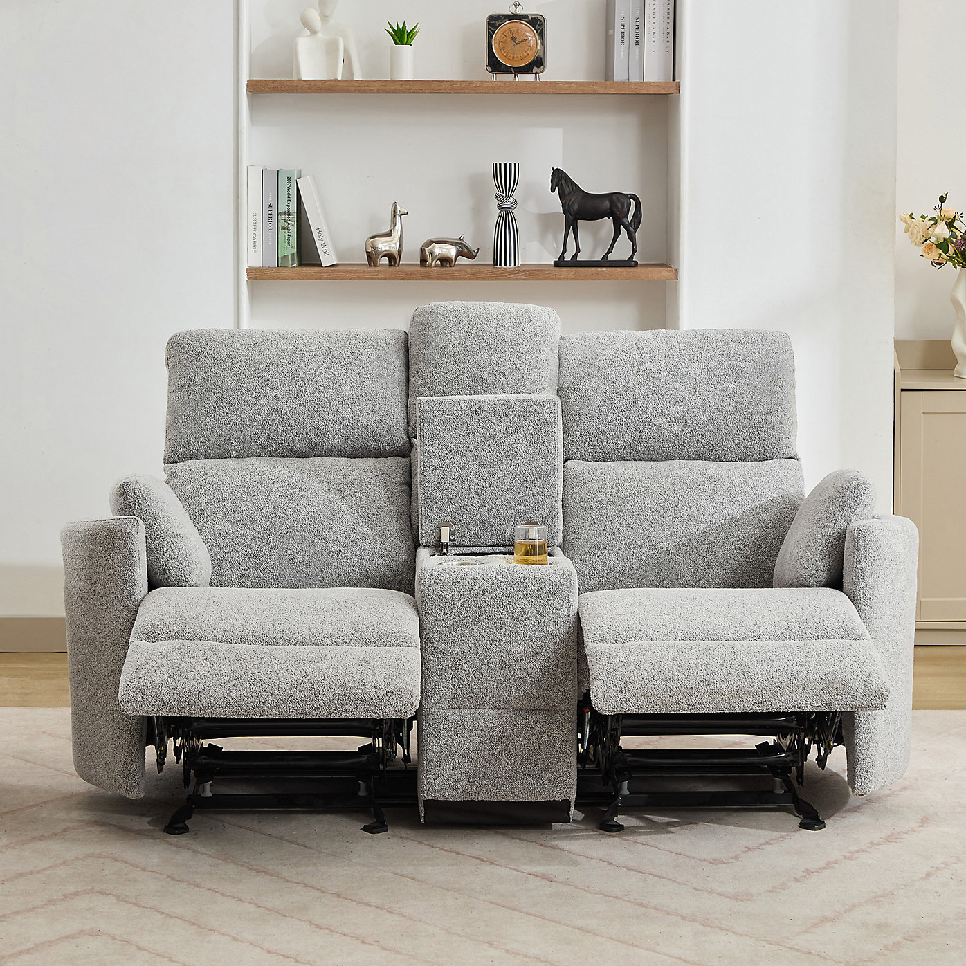 Sandra 2 Seat Light Grey Boucle Manual Rocker Recliner with Centre Storage Console