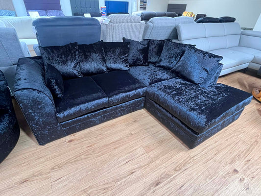 Roman 4 Seat Crushed Velvet Black Corner Sofa