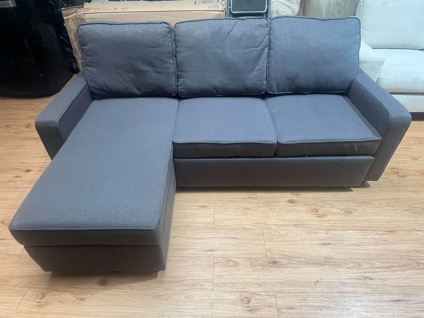 Sabrina 3 Seat Grey Upholstered Sofa Bed with Reversible Storage Chaise