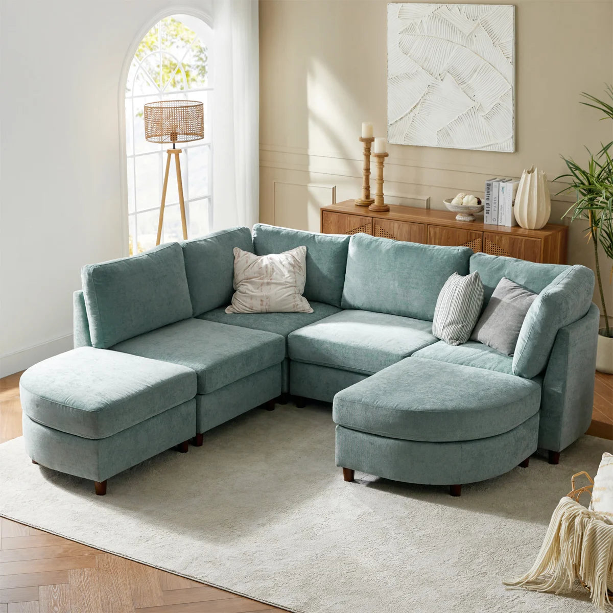 Shaun 6 Seat Sage Chenille Modular Storage Sofa Bed