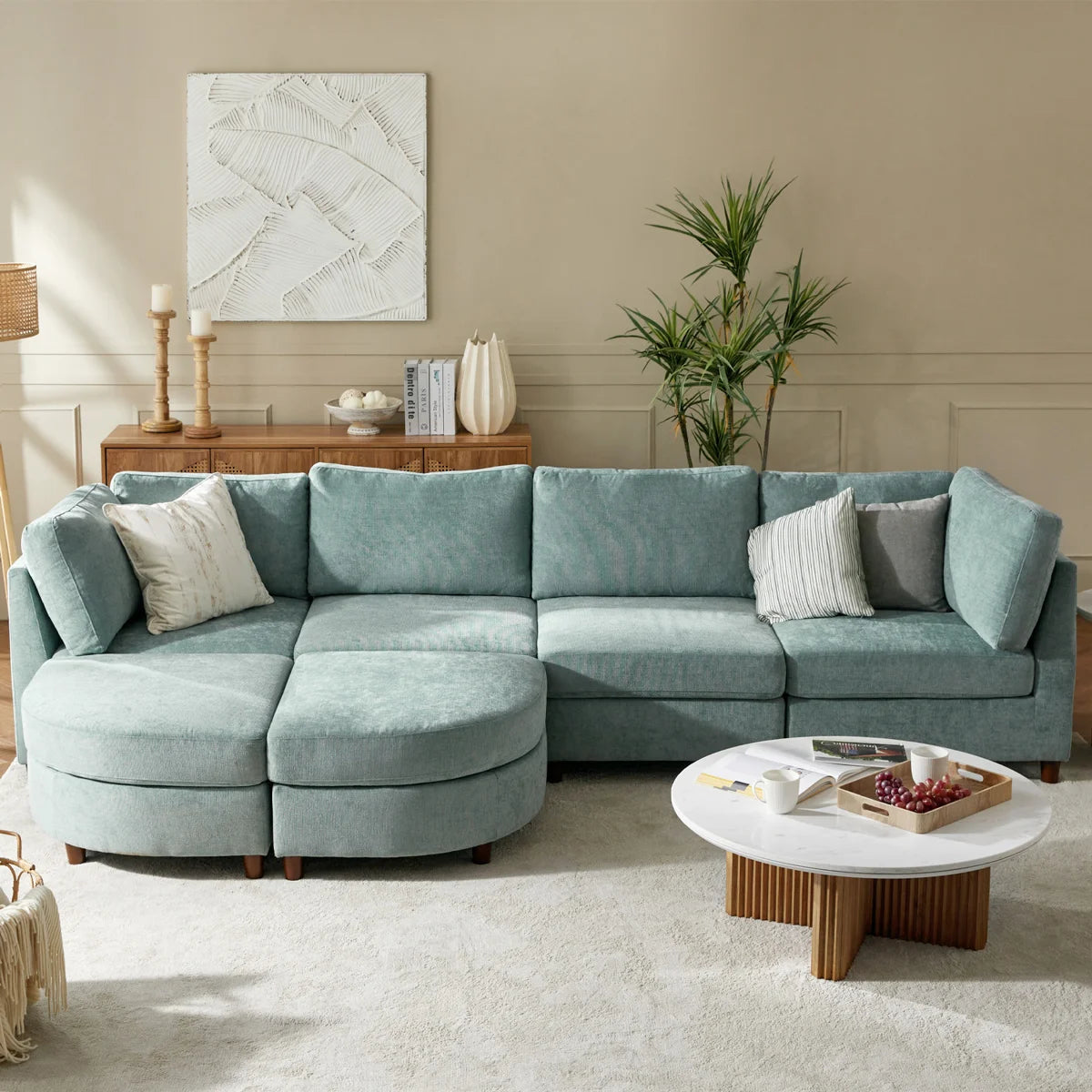 Shaun 6 Seat Sage Chenille Modular Storage Sofa Bed