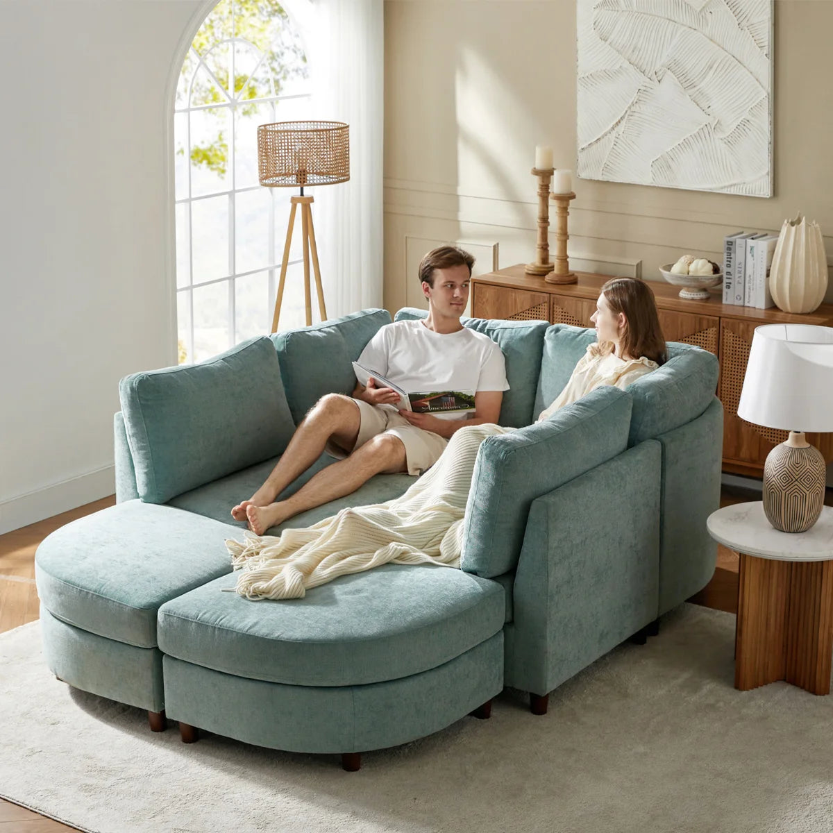 Shaun 6 Seat Sage Chenille Modular Storage Sofa Bed