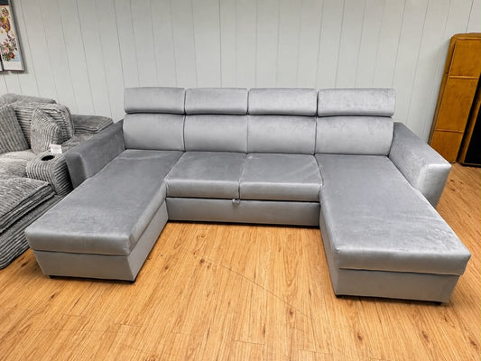 Kingston 4 Seat Grey Velvet Double Storage Chaise Sofa Bed