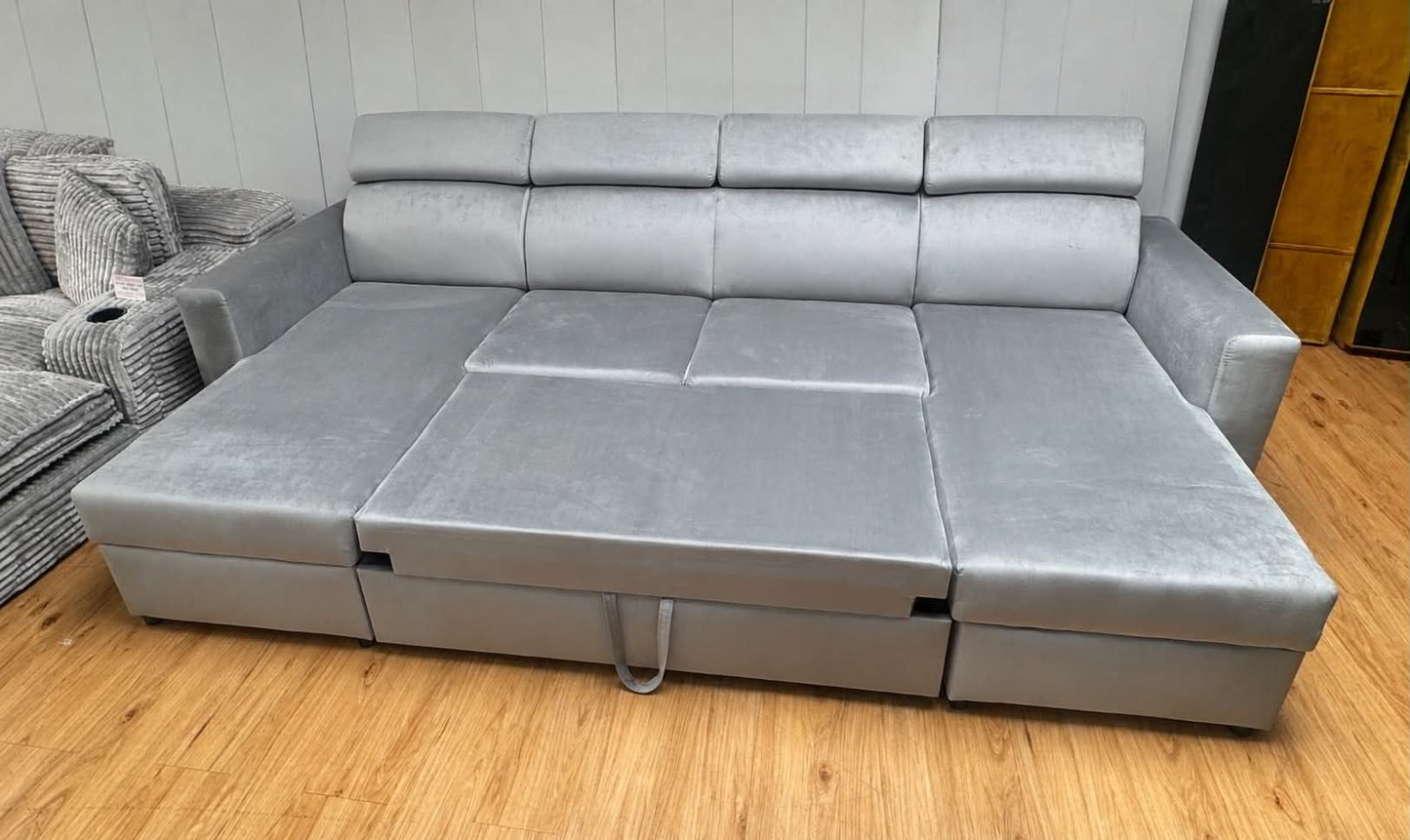 Kingston 4 Seat Grey Velvet Double Storage Chaise Sofa Bed