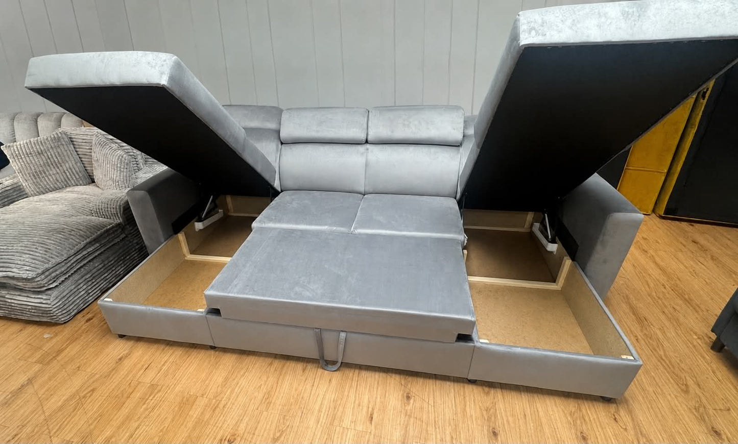 Kingston 4 Seat Grey Velvet Double Storage Chaise Sofa Bed
