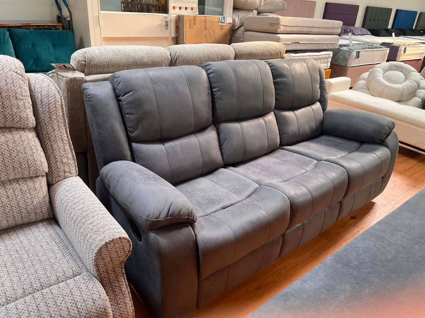 Toolley 3 Seat Grey Faux Leather Manual Recliner with USB Chargers & Cupholders