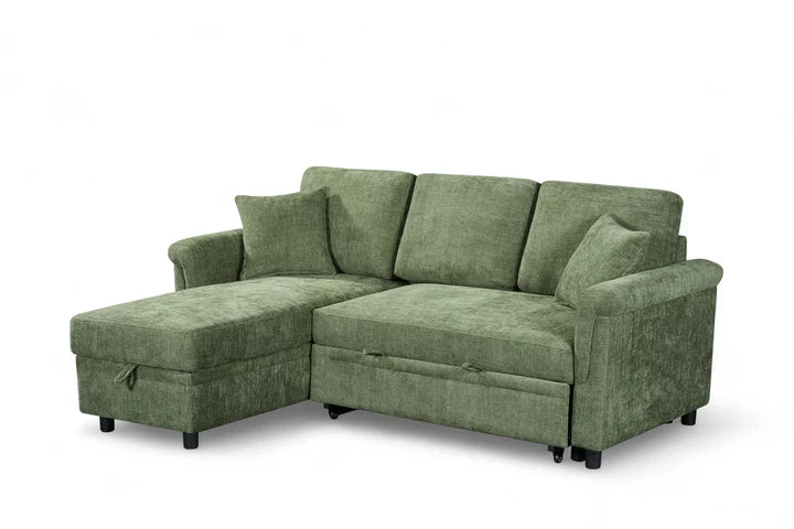 Oscar 3 Seat Green Chenille Sofa Bed with Storage Chaise