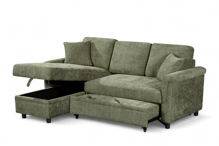 Oscar 3 Seat Green Chenille Sofa Bed with Storage Chaise