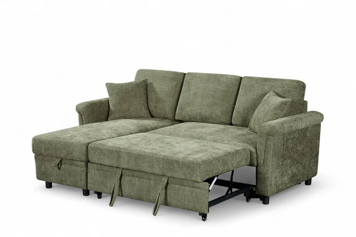 Oscar 3 Seat Green Chenille Sofa Bed with Storage Chaise