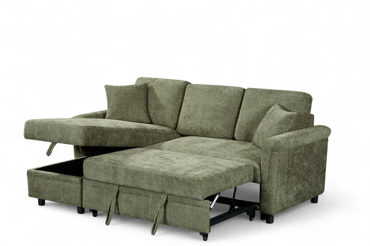 Oscar 3 Seat Green Chenille Sofa Bed with Storage Chaise
