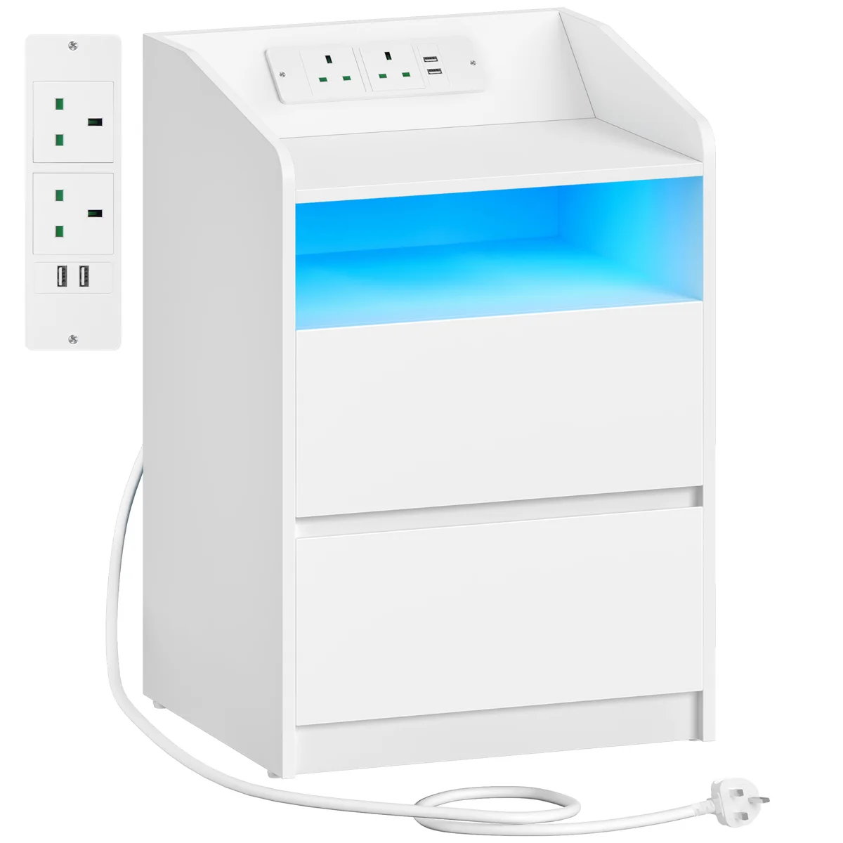 2 Drawer White Multi Colour LED Bedside with Plugs & Chargers