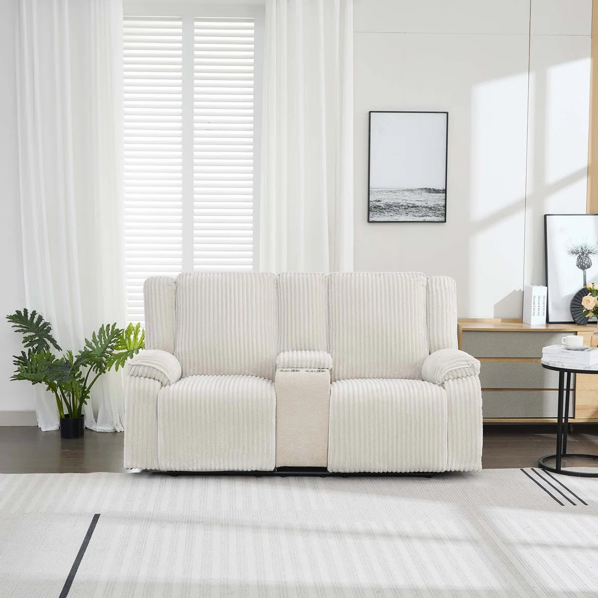 Veronica 2 Seat Beige Jumbo Cord Manual Recliner with Centre Drinks Console