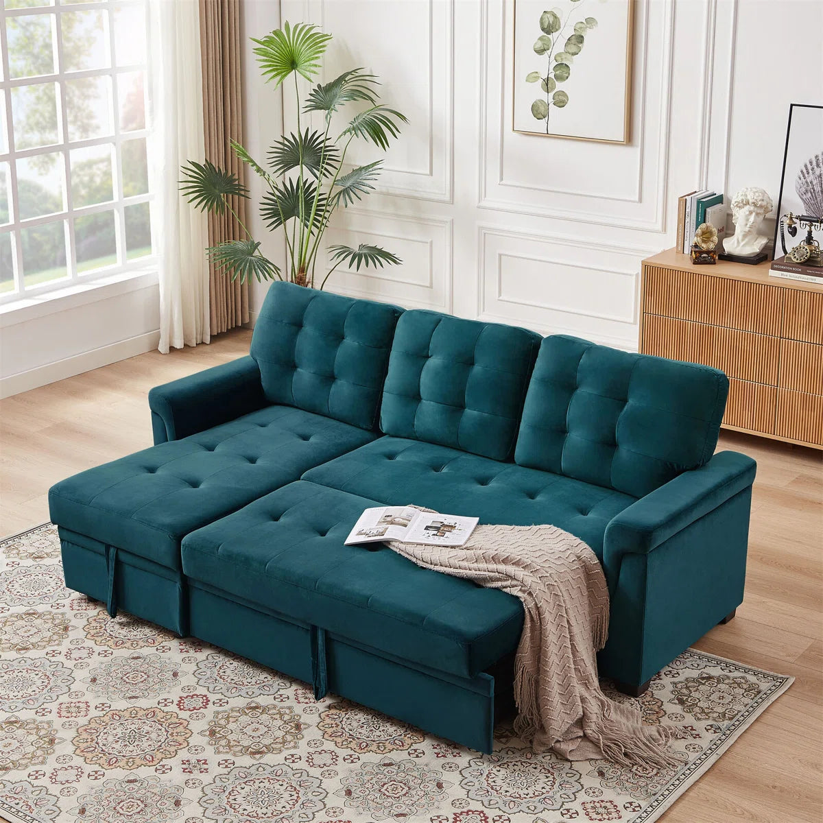 William 3 Seat Teal Velvet Reversible Sofa Bed with Storage Chaise
