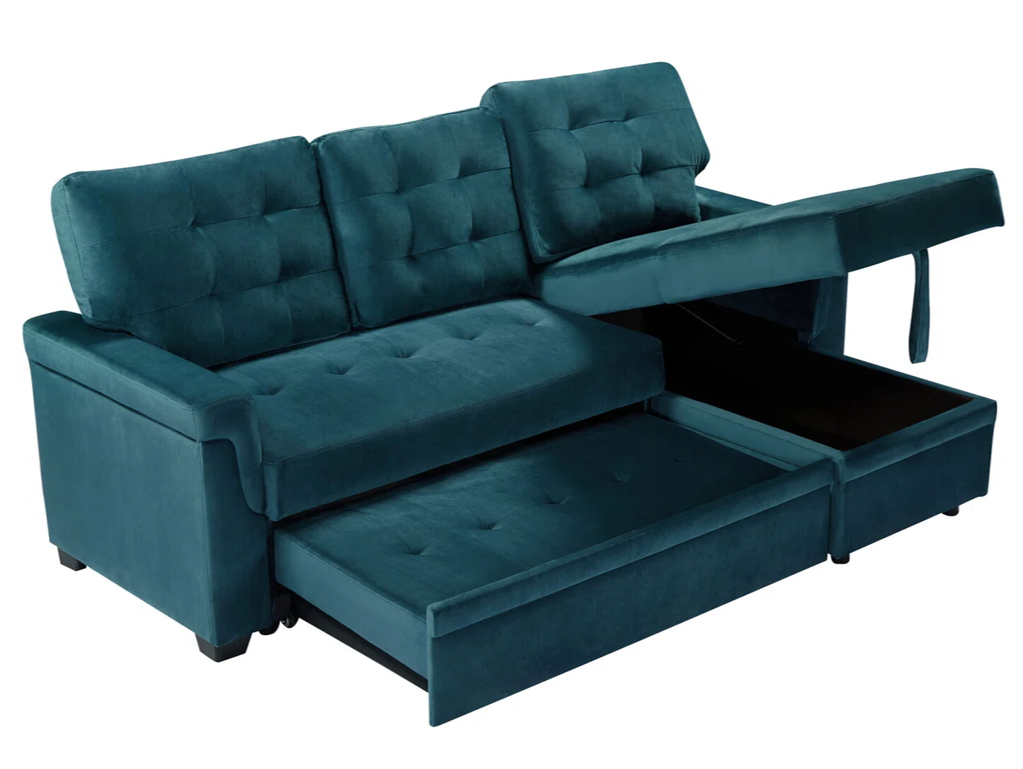 William 3 Seat Teal Velvet Reversible Sofa Bed with Storage Chaise