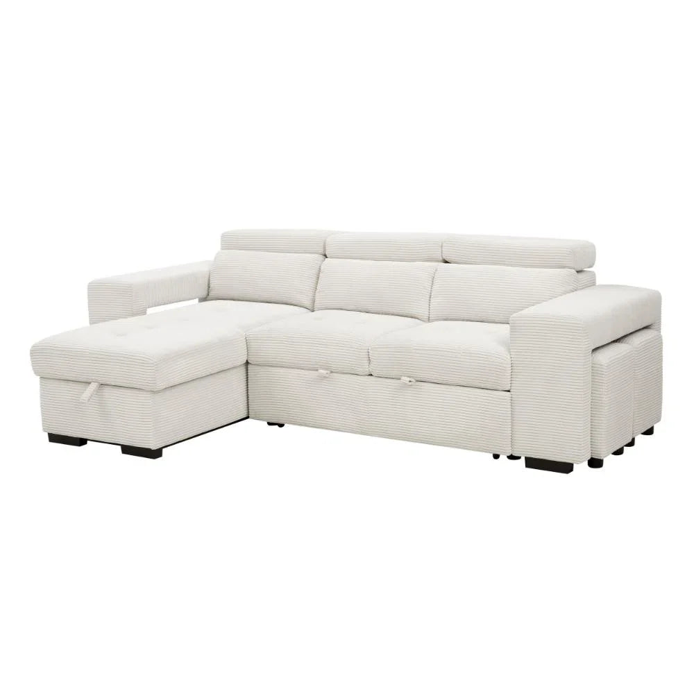 Catherine Cream Cord 3 Seater Sofa Bed with Reversible Storage Chaise & Stools