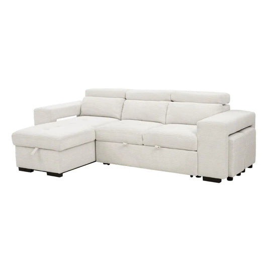 Catherine Cream Cord 3 Seater Sofa Bed with Reversible Storage Chaise & Stools