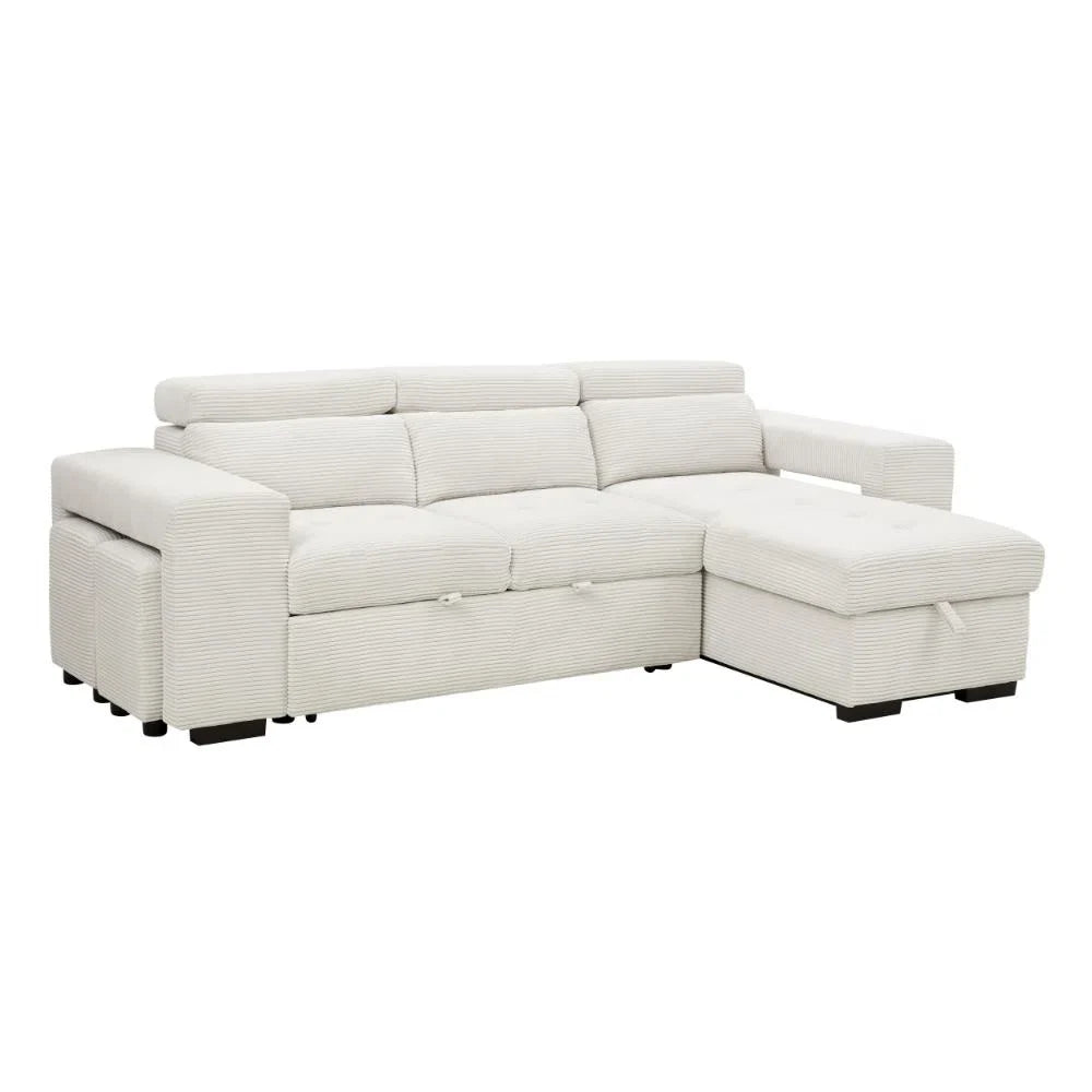 Catherine Cream Cord 3 Seater Sofa Bed with Reversible Storage Chaise & Stools