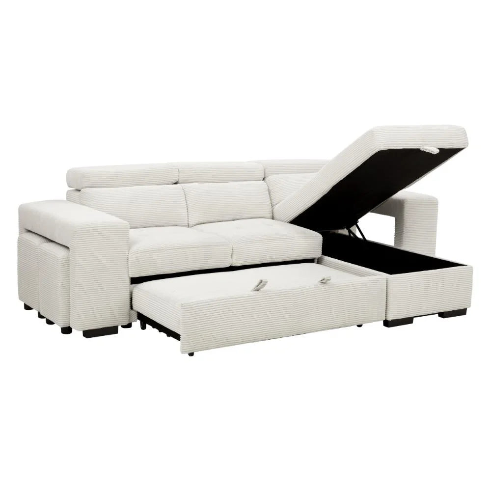 Catherine Cream Cord 3 Seater Sofa Bed with Reversible Storage Chaise & Stools