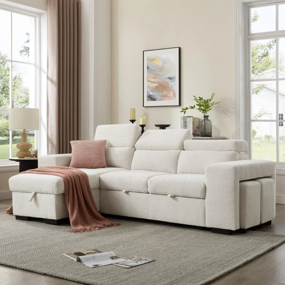 Catherine Cream Cord 3 Seater Sofa Bed with Reversible Storage Chaise & Stools
