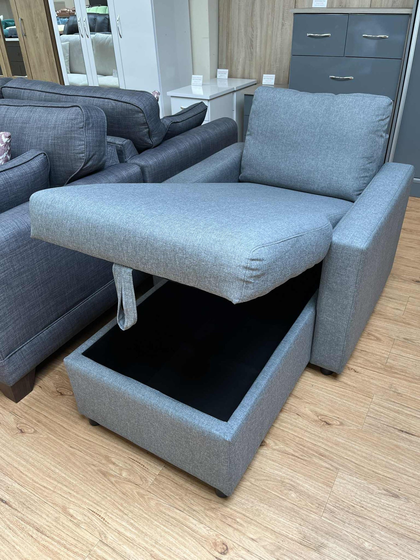 Grey Upholstered Armchair with Storage Chaise