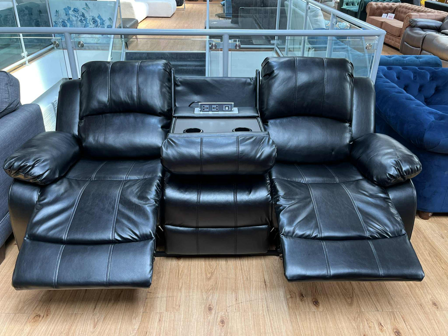 Soloman Black Faux Leather 3 Seater Reclining Sofa with Cup Holders, USB & Plug Points