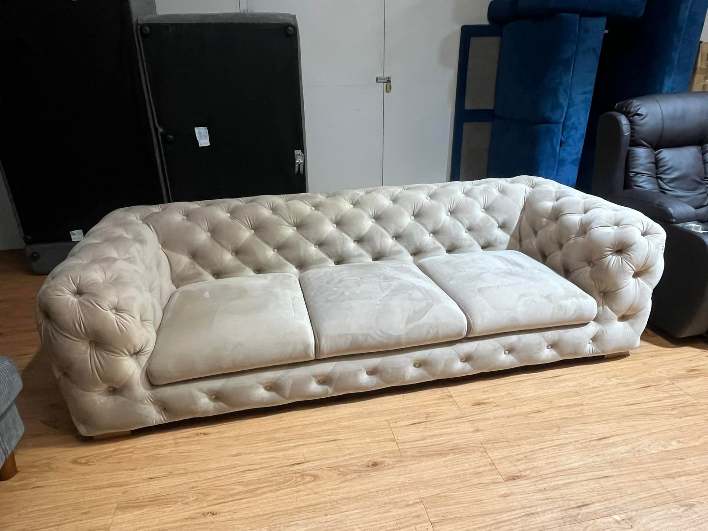 Iroka 3 Seat Mushroom Velvet Chesterfield Sofa