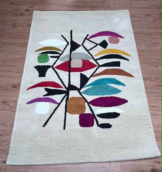 Inaluxe Cream & Multi Designer Hand Tufted Real Wool Rectangular Rug